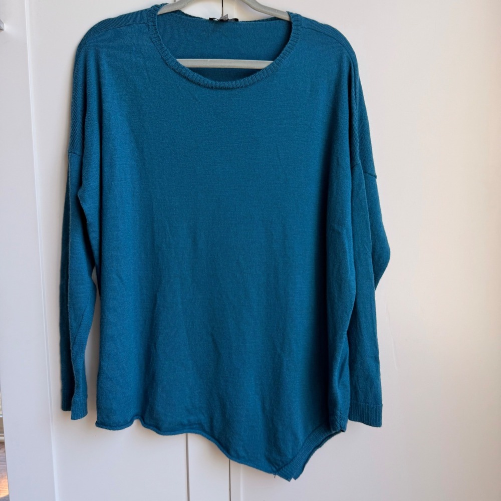 Eileen Fisher‎ Sweater Womens PM Teal Blue Merino Wool Asymmetrical Hem Boxy